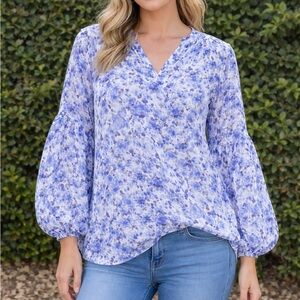 Long Sleeve Blouse Casual Boho Floral Print V Neck Bishop Sleeve Size Medium